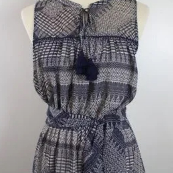 Rebecca Minkoff Nicky dress ruffle bottom sleeveless tassels blue tan print XS - Picture 9 of 13